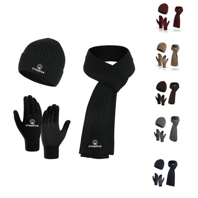 Winter Fleece Beanie Hat Scarf Touch Screen Gloves Set