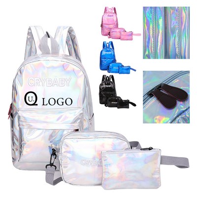 3-Piece Holographic Pu Leather Backpack