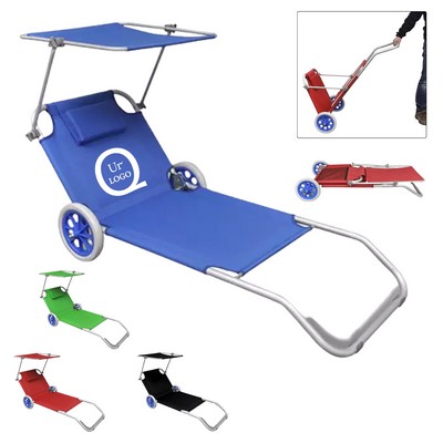 Oxford Fabric Foldable Beach Lounger W/ Wheels And Canopy