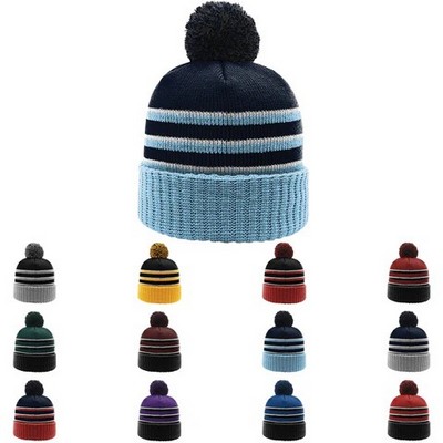 Richardson® Striped Knit Beanie w/Cuff & Pom