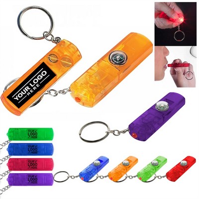 Multi Functional Whistle Keychain with LED Light and Built In Compass