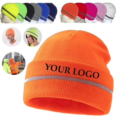 Reflective Striped Lined Fluorescent Knitted Beanie Hat