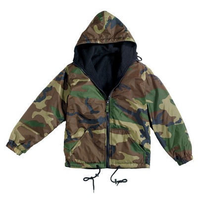 Woodland Camouflage Reversible Fleece-Lined Nylon Jacket with Hood (S to XL)