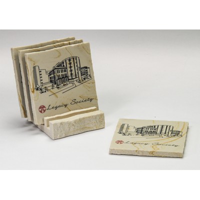 4-Pc Square Limestone Edge Coaster Set w/Base