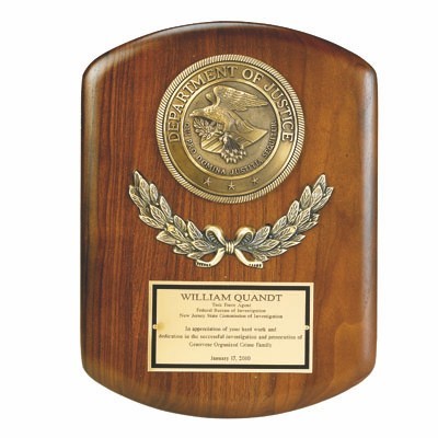 Walnut Brown Plaque w/Department of Justice Medallion & Engraving Plate (9"x 12")