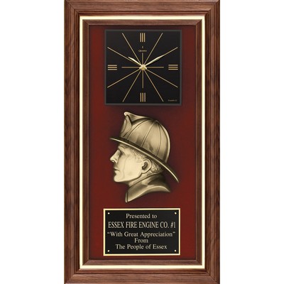 Walnut Frame Quartz Clock w/Cast Metal Fireman on Red Velour, 13"x24"