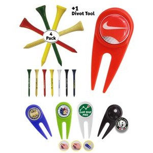 Golf Tee Pack - 4 x Wooden Golf Tees & 1 Divot Repair Tool Packed In A Poly Bag