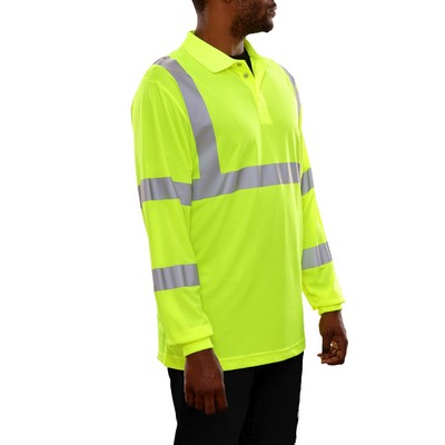 3-Button Long Sleeve Polo Shirt w/ No Pockets- Silver Fabric Reflective/Fluorescent Yellow-Green