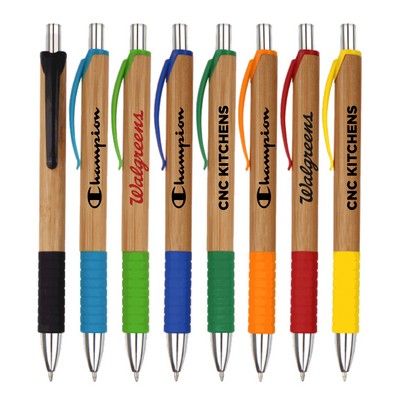 Union Printed - Eco Friendly - Click Action Pen - Bamboo Barrels with Solid Colored Grip and Pocket