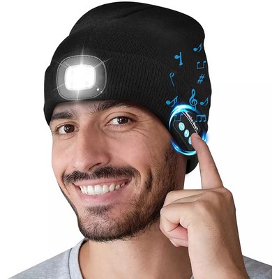 LED Music Beanie Hat with a Leather Patch