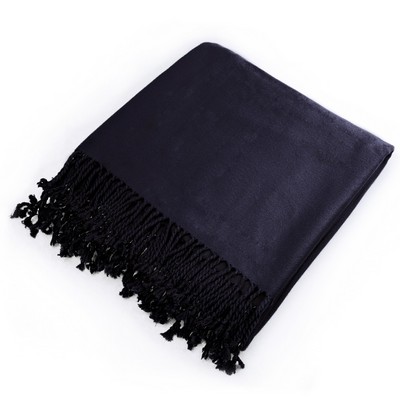 Navy Bamboo Fiber Throw Blanket with Self Fringe