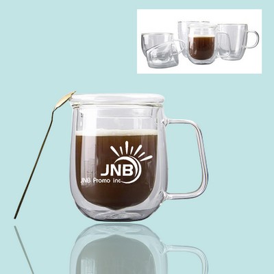 Glass Coffee Mug with Double Layer, Lid, and Handle