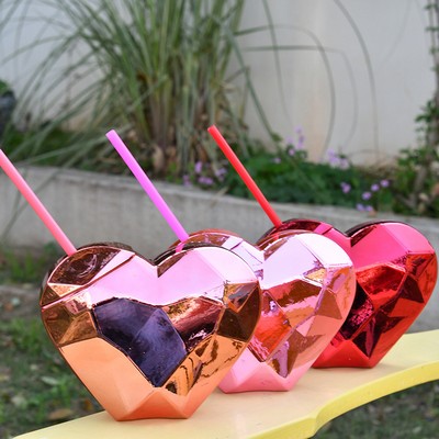 Creative Heart Shaped Plastic Straw Mugs Valentine's Day Straw Cup