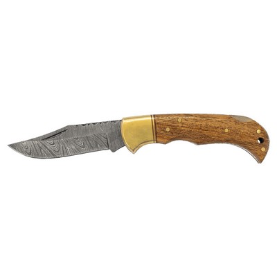 3 3/4" Wood Folding Knife with Damascus Steel Blade and Leather Sheath