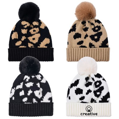 Leopard Print Knitted Pom Woolen Hat