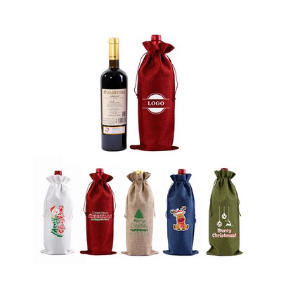 Christmas Drawstring Jute Wine Bag