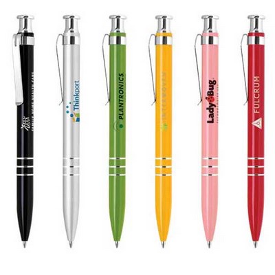 Click Action Slim Flat Top Aluminum Ballpoint Pen w/ Lacquered Barrel