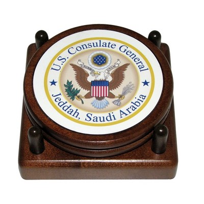 Round Wood 2 Coaster Set w/Leather Inlay & 4-Color Process