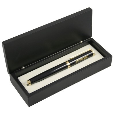 Glossy Black Roller Ball Pen with Gold Accents