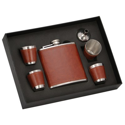 Brown Leather Flask 6 Piece Set