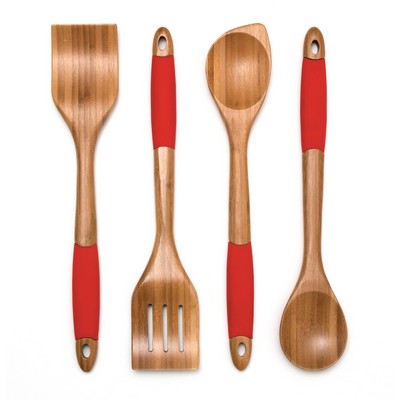 Set of 4 Bamboo & Red Silicone Cooking Utensils