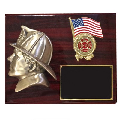 Fireman Head w/Flag & Insert on Piano Finish Plaque (10 ½" x 13")