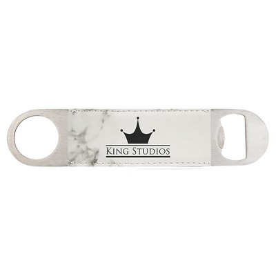 White Marble 1-1/2"x7" Oval Rectangle Bottle Opener, Laserable Leatherette