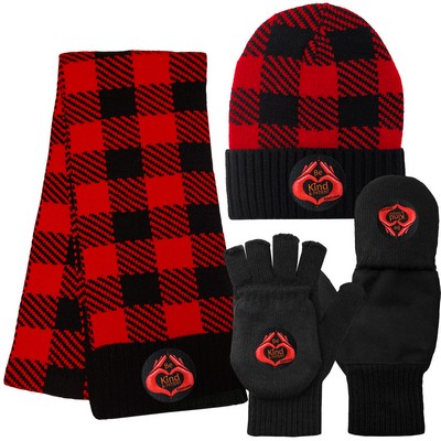 Buffalo Plaid Knit Cap, Fashion Knit Scarf and Glove/Mitten Combo