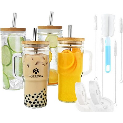 Glass Tumbler Bamboo Lids Straws Handle