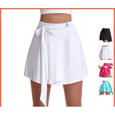 Women's Lace-up Bowknot Tennis Skirts High Waisted Golf Skorts Tummy Control Skirts W/ Shorts Pocket