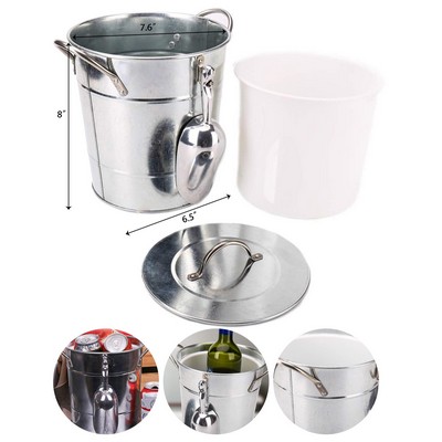 4L Silver Metal Galvanized Double Walled Ice Bucket Set With Lid Scoop