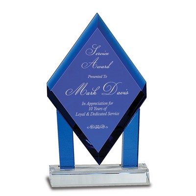 8 3/4" Blue Crystal Floating Diamond Award with Blue Columns on Clear Base