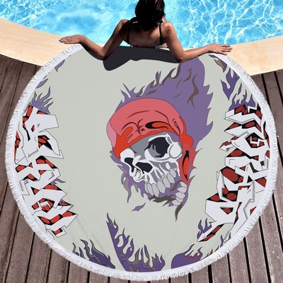 60" Dia Microfiber Skull Round Large Beach Towel for Halloween w/Tassel/Fringe