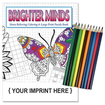 Relax Pack - Brighter Minds adult coloring puzzle book combo + Colored Pencils