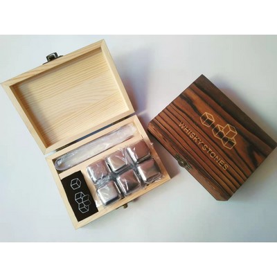 Whiskey Stainless Steel Chilling Stones Wooden Gift Set