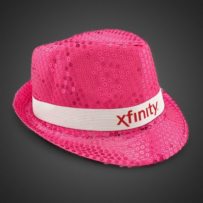 Pink Sequin Fedora Hat w/Silk Screened White Band