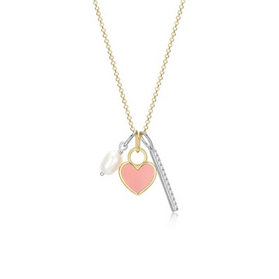 Diamondlite Cubic Zirconia, Pearl and Enamel Heart Multi-Charm Necklace - Gold