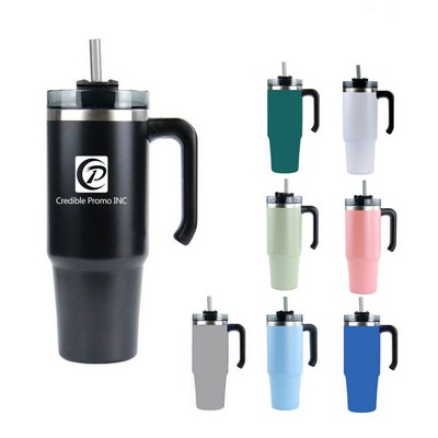 30 OZ Double Walls Stainless Steel Auto Tumbler With Straw And Handle