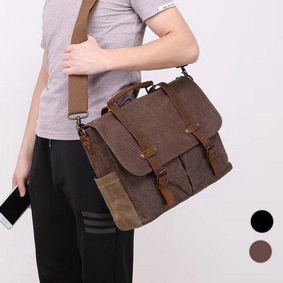 Leather Waxed Canvas Waterproof Mens Messenger Bag