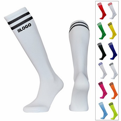 Embroidered Logo Soccer Knee High Tube Socks With Stripes