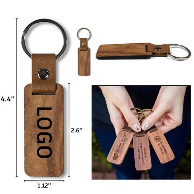 Custom 100% Natural Original Oak Wood Keychain w/PU Leather Strap