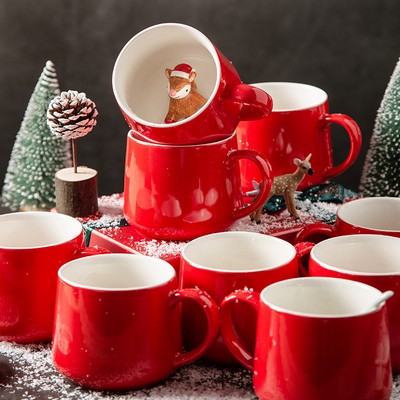 Red Ceramic Mug with Christmas Deer