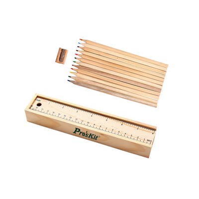 Wooden Ruler Box with 12 Pcs Colored Pencil Sets