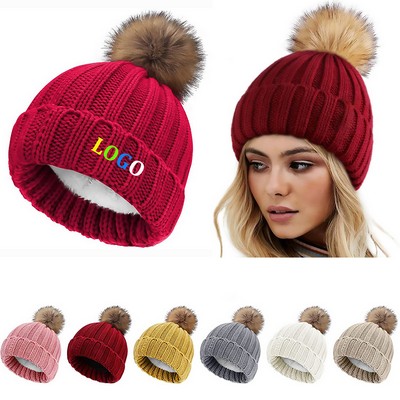 Knitted Hat With Pompoms