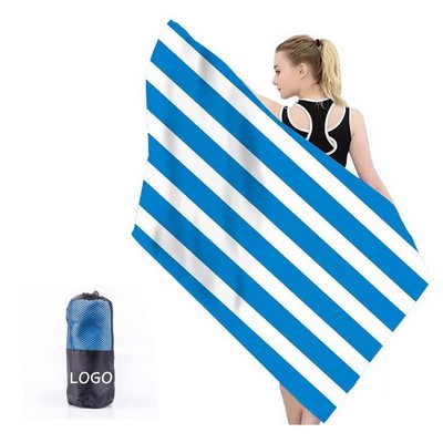 Striped Microfiber Beach Towel With Attached Mesh Carry Bag