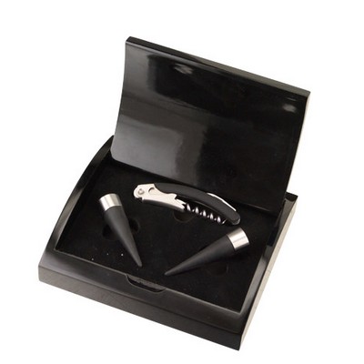 Wine Accessories 3 Piece Gift Set in Black Shiny Curved Wooden Box