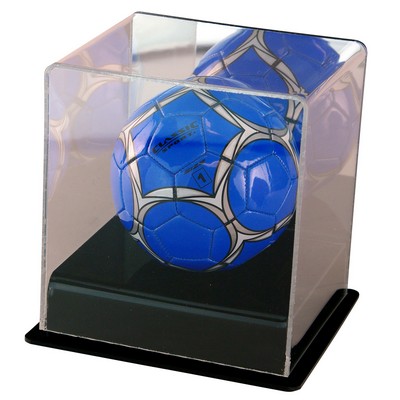 Mini soccer ball display case with black base and mirror back