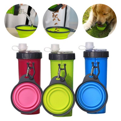 2 In 1 Portable Dog Water Food Bottle Container with folding bowl and Carabiners