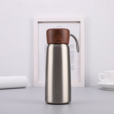 500ml Stainless Steel Insulated Bottle With Wood Grain Lid And Plastic Handle