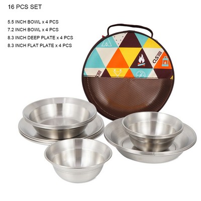 Camping Set 16 Pcs Stainless Steel Plates and Bowls